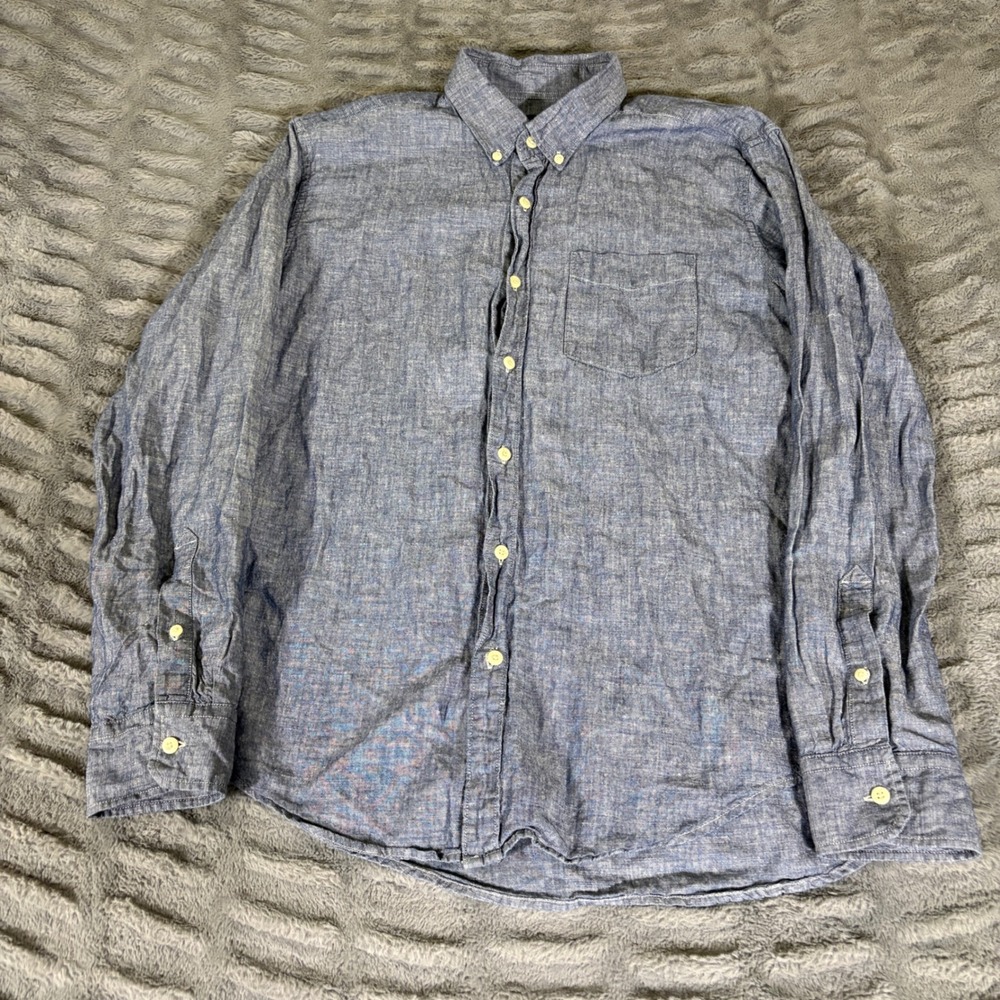 American Eagle Seriously Soft Linen Blend Button Down Shirt Blue Mens Large